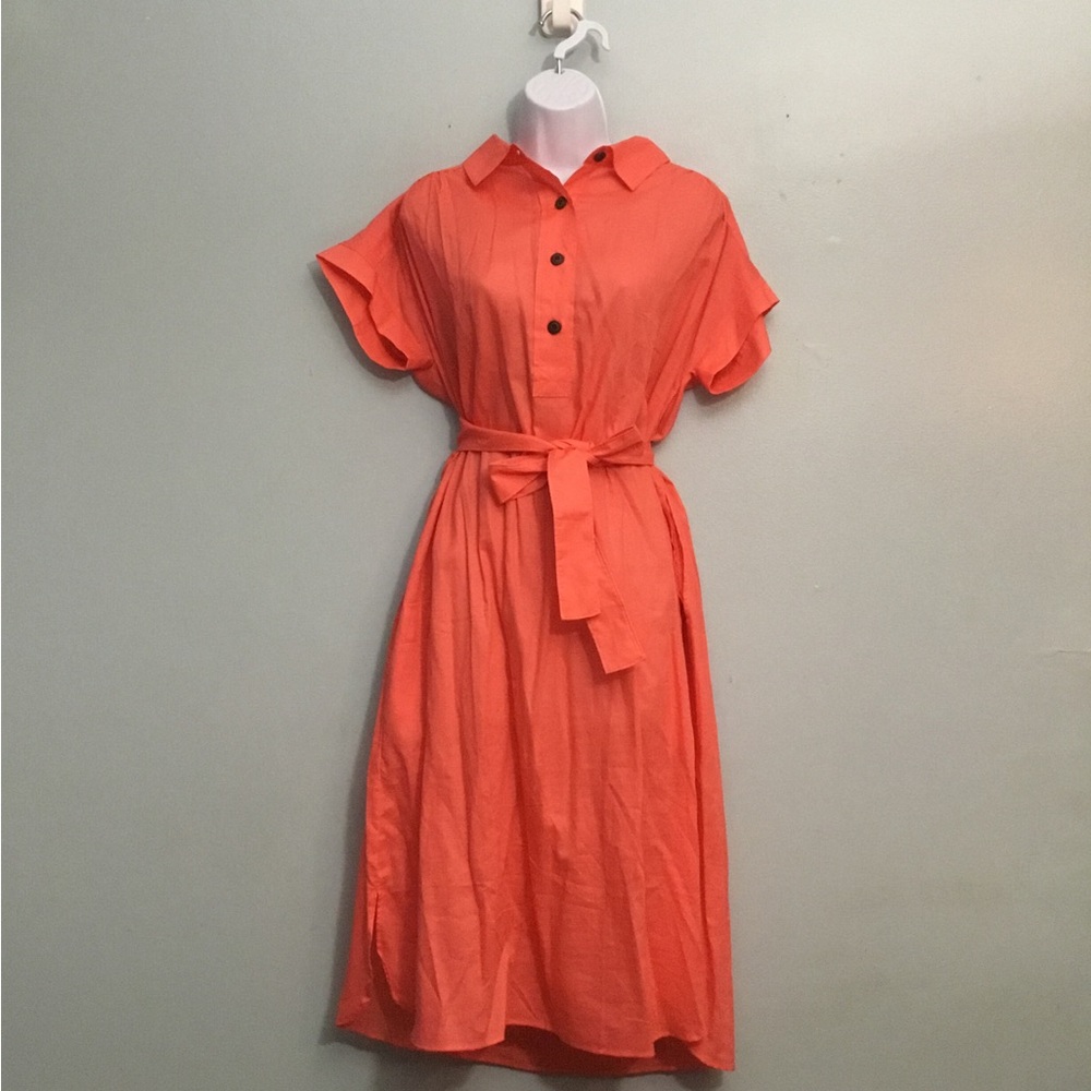 Patagonia Coral-Orange Collared Belted Midi Dress